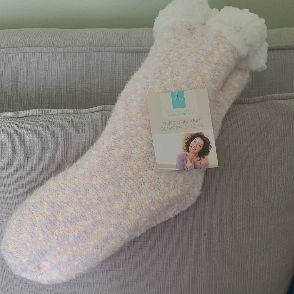 Fluffy Cream Hosiery Socks with Plush Cuff
